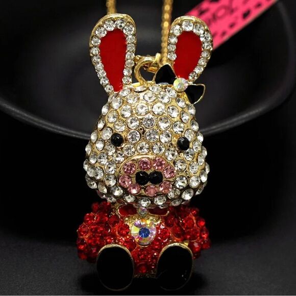 Women's Red Enamel Crystal Pig Pendant Animal Necklace NWOT - Picture 2 of 3